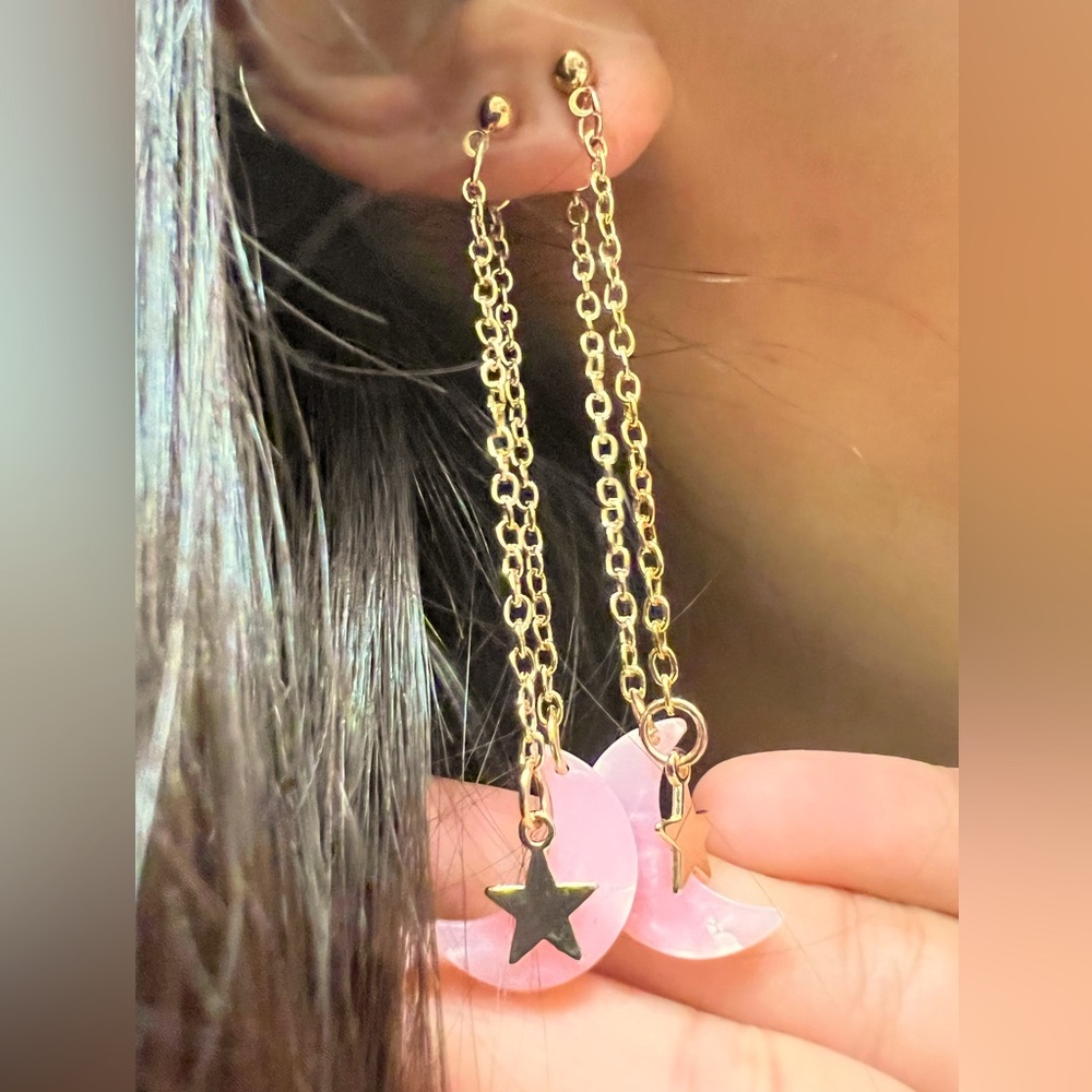 Pink Moon and Gold Star Earrings